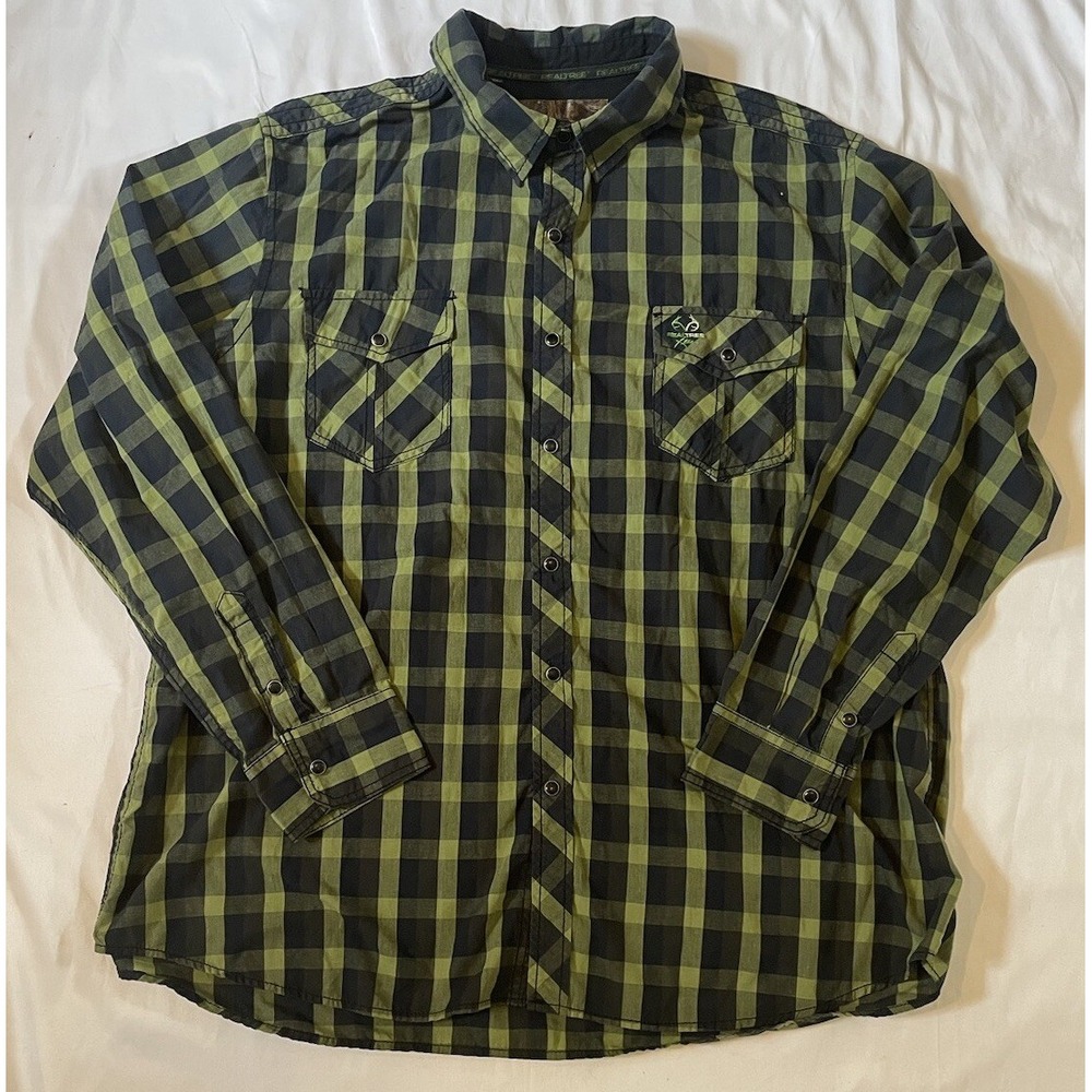 Realtree Xtra Blue Green‎ Lightweight Plaid Black Pearl Snap Outdoor Shirt XXL